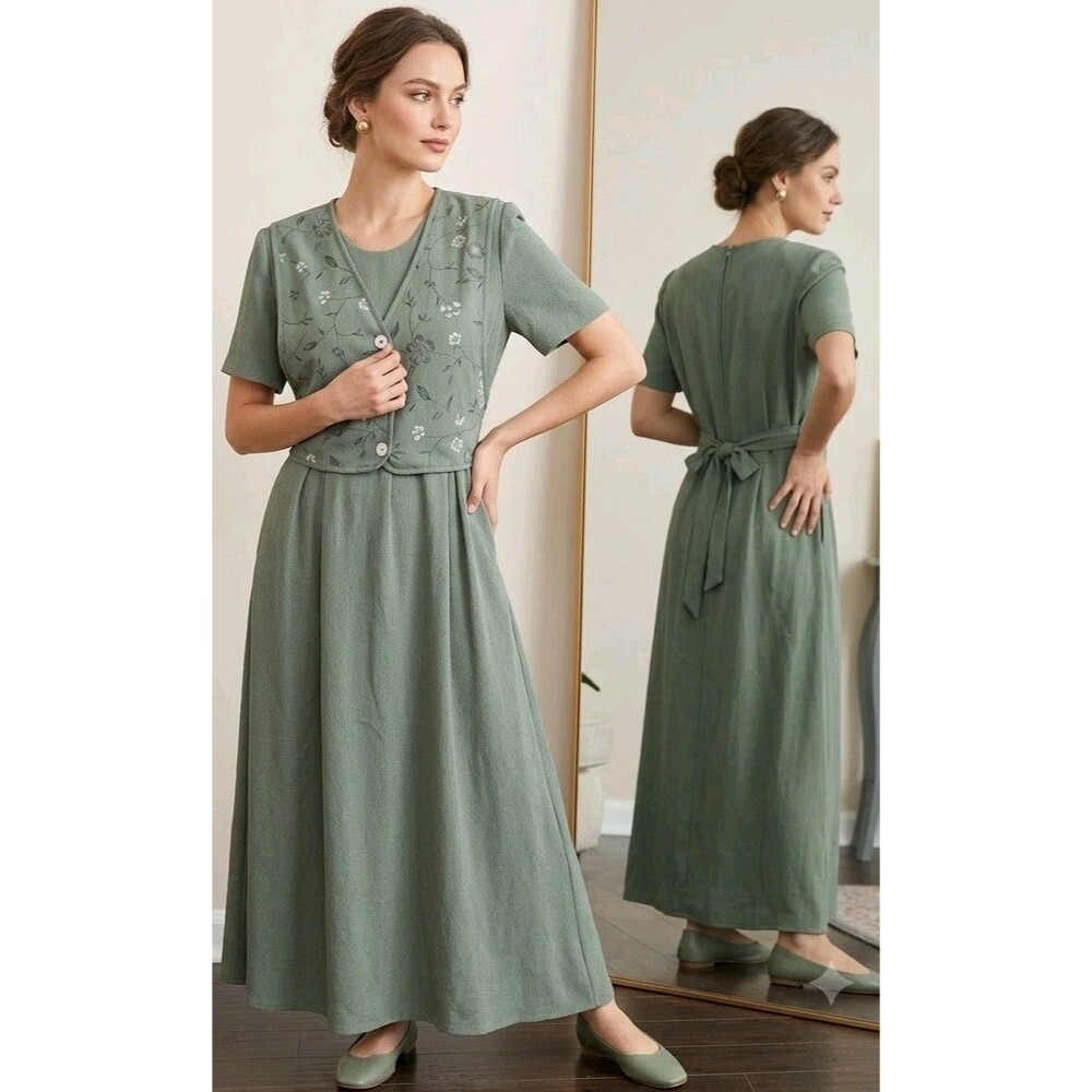 Vintage Miss Dorthy Petites Sage Green Floral Vest Two-Piece Midi Dress  16P YWK